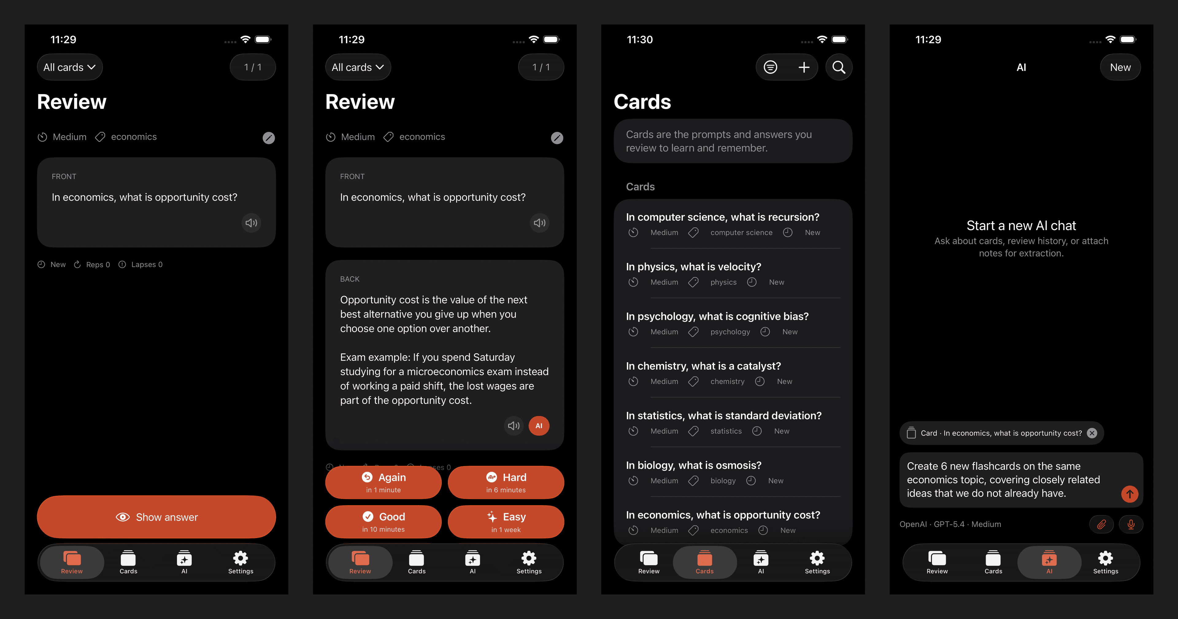 Flashcards app screens showing review, cards, AI, editing, open source, and server setup flows.