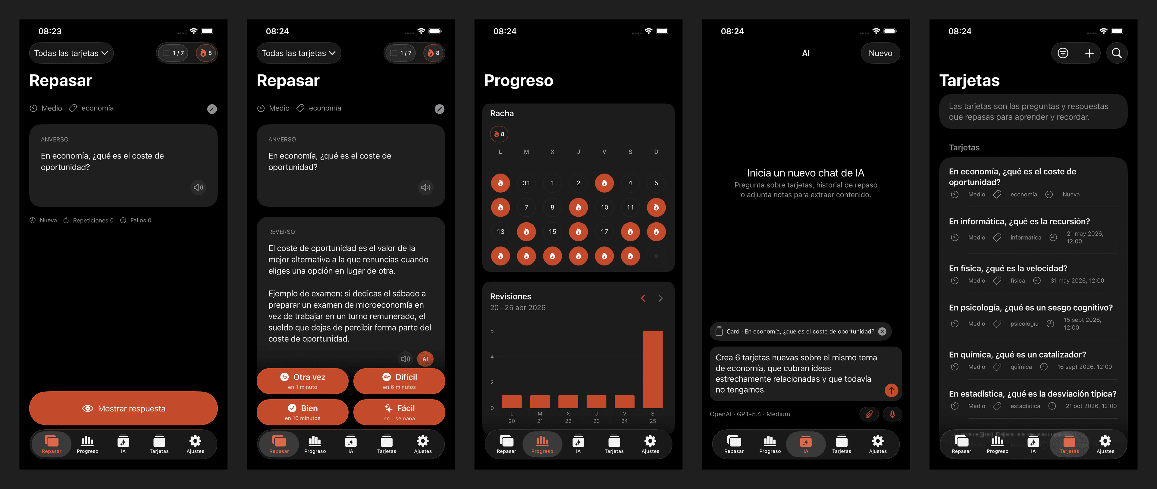 Pantallas de Flashcards con repaso, resultados, progreso, borrador con IA y lista de tarjetas.