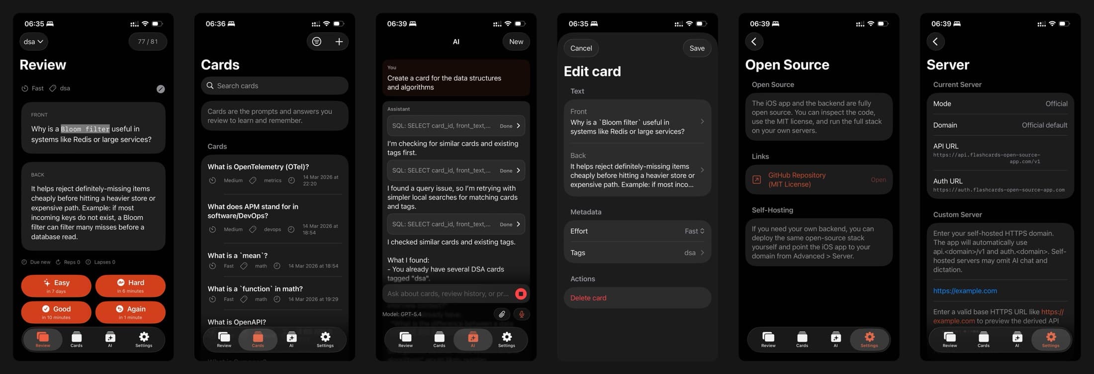 Flashcards app screens showing review, cards, AI, editing, open source, and server setup flows.