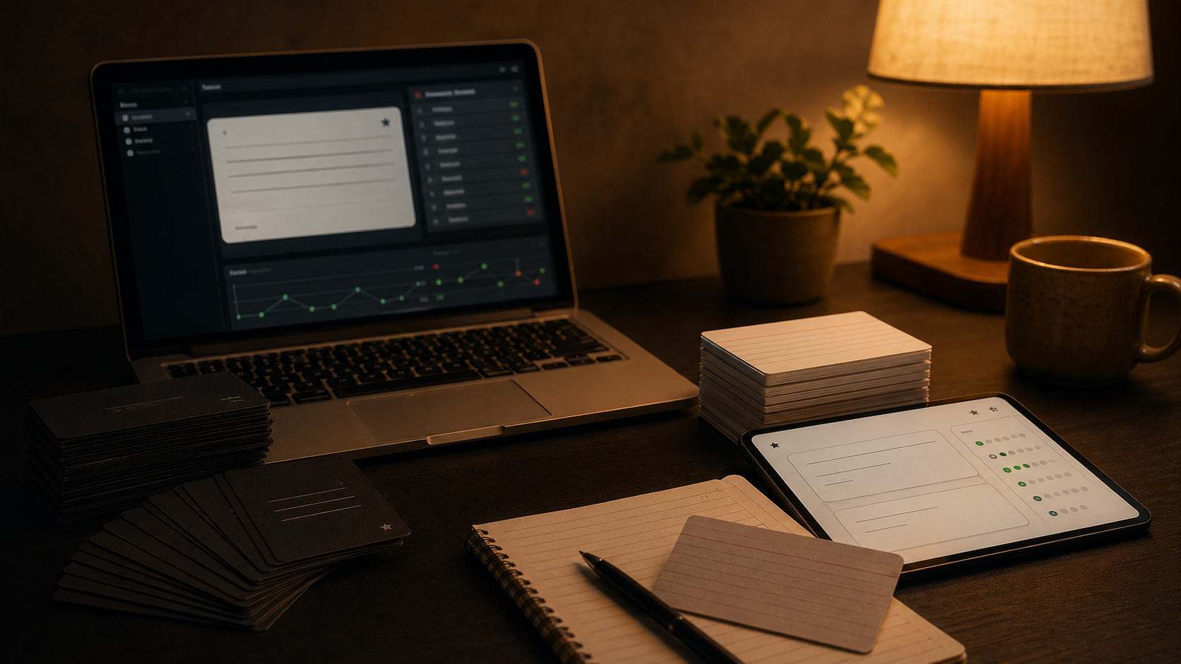 مكتب دافئ يقارن بين إعداد بطاقات تقليدي على سطح المكتب ومنصة Flashcards حديثة مفتوحة المصدر