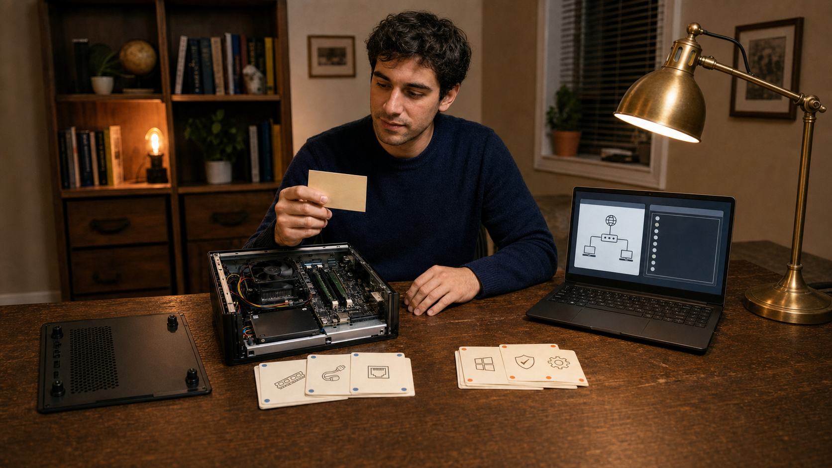 Estudiante de soporte de TI organizando flashcards de CompTIA A+ sobre hardware y redes de Core 1, y sistemas operativos y seguridad de Core 2