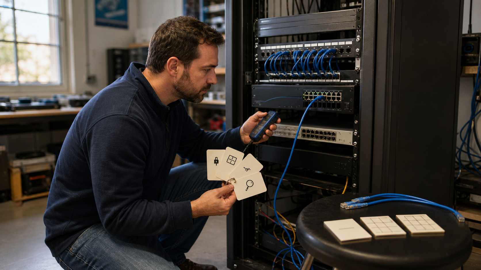 Network+ learner sorting port, subnetting, command, and troubleshooting cards beside a practical network lab
