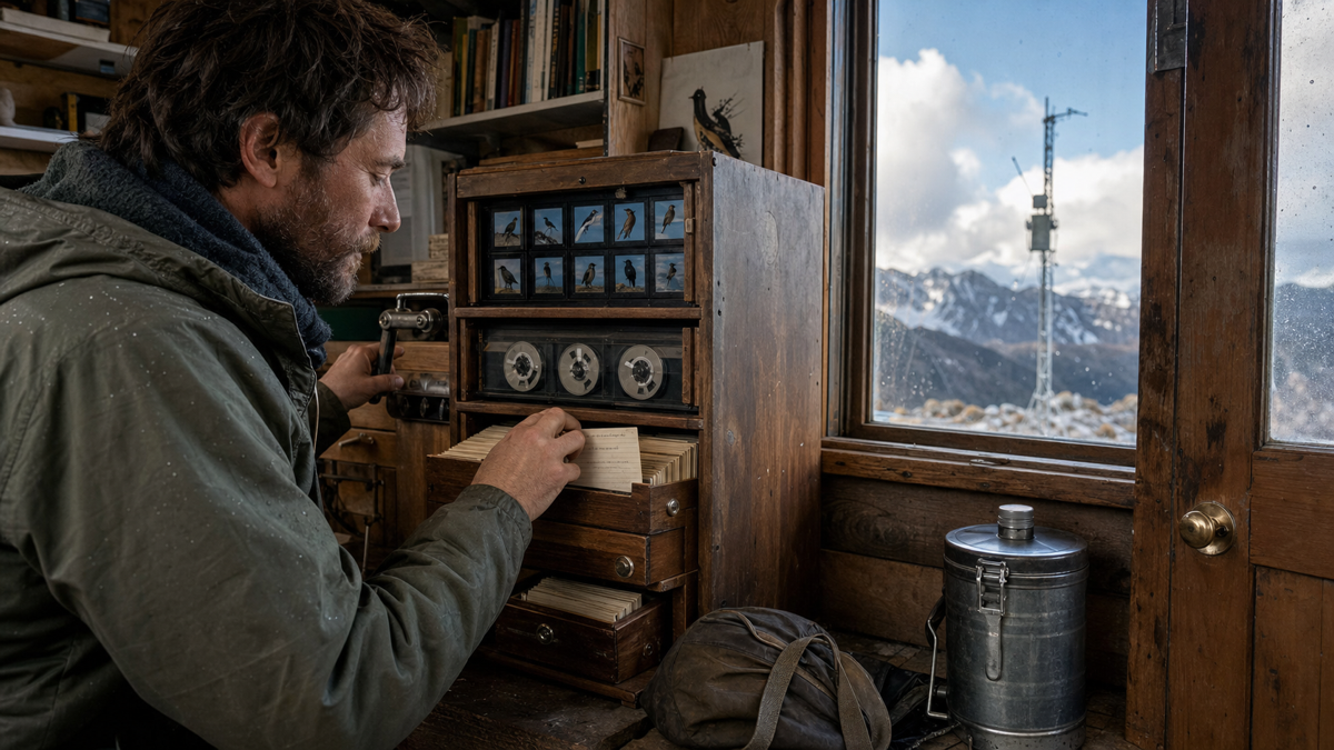 A field researcher adds a record to a local photo, audio, and text archive while the mountain radio link is down