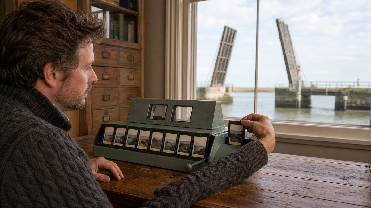 Ein Leser setzt neben einer hochgezogenen Klappbrücke eine weitere Dia-Kassette in ein mechanisches Gerät mit acht Kassetten ein