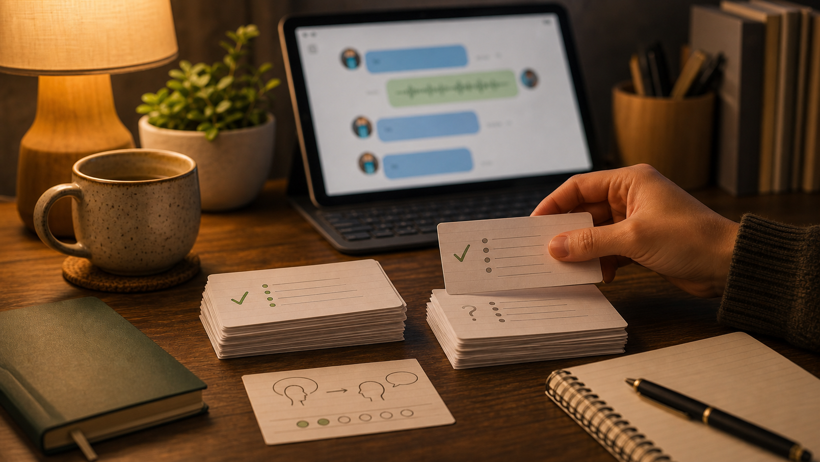 Un escritorio cálido con flashcards de idiomas ordenadas a mano y una pantalla de conversación desenfocada