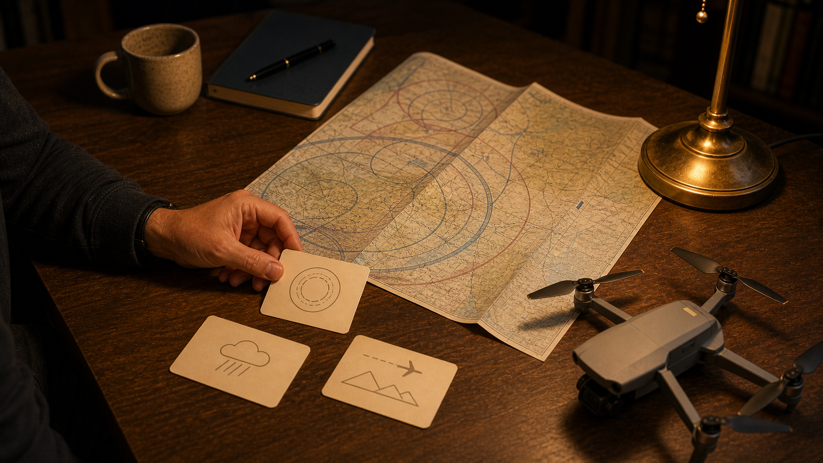 Eine angehende Fernpilotin wiederholt FAA-Part-107-Lernkarten neben einer Sectional Chart; die Karten sind nach Luftraum, Wetter und Vorschriften gruppiert