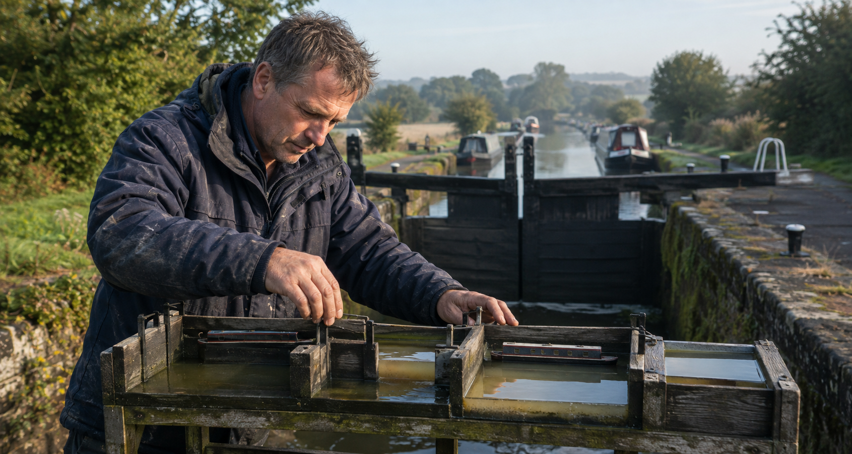 Canal lock operator tests water flow on a scale model before changing the full-size lock