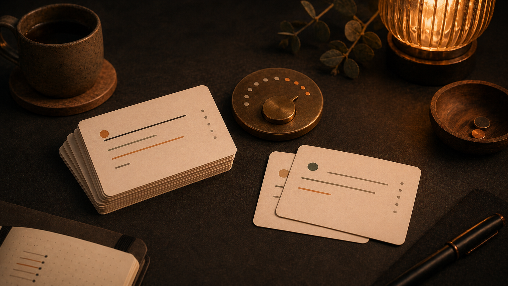 Warmer Schreibtisch mit Flashcards, kleinem Retention-Regler und ruhiger Lernszene am Abend