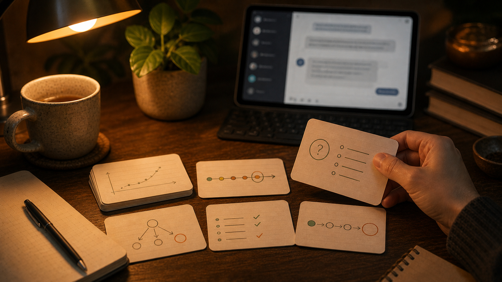 طالب يراجع نقاط الضعف من جلسة تعليمية في Gemini Guided Learning ويحوّلها إلى مجموعة صغيرة من البطاقات التعليمية