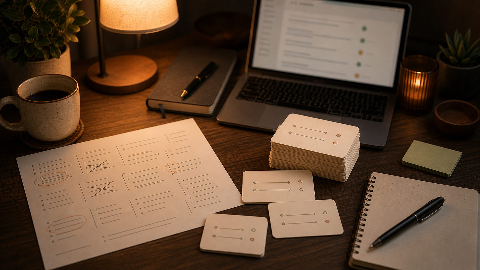 Warm desk with a plain-text export sheet being cleaned into review-ready flashcards