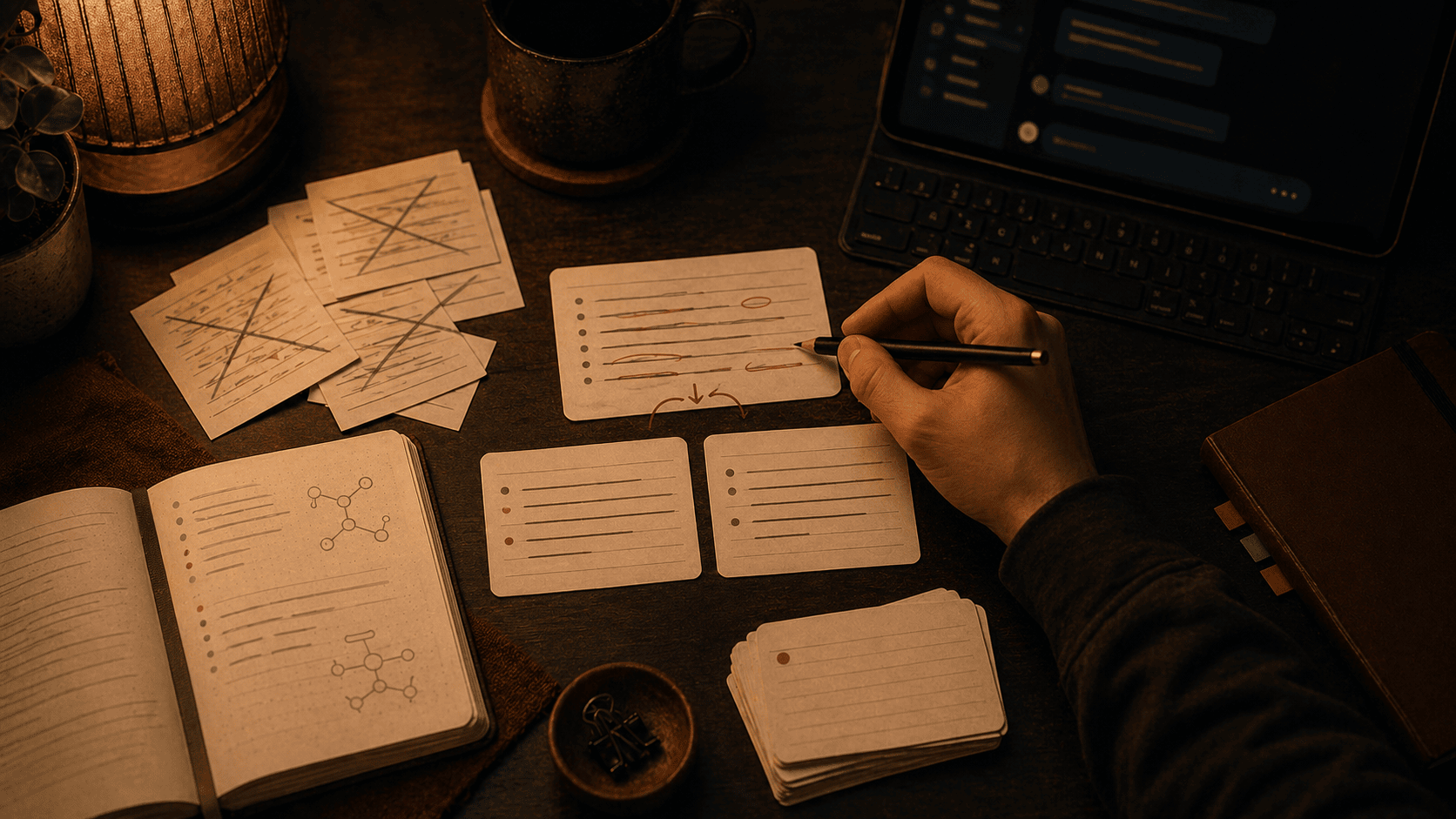 ऊपर से दिखता warm desk जहाँ AI flashcards को काटा जा रहा है, साफ़ cards में बाँटा जा रहा है, और notes से जाँचा जा रहा है