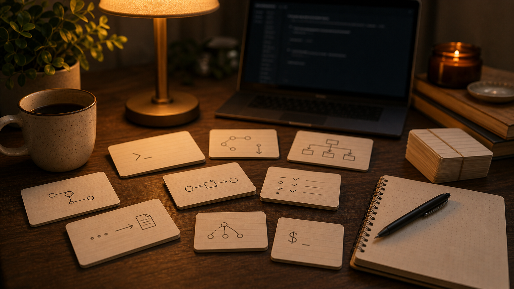 Warmer Entwickler-Schreibtisch mit Flashcards für Terminalbefehle, Notizbuch und unscharfem Laptop-Terminal