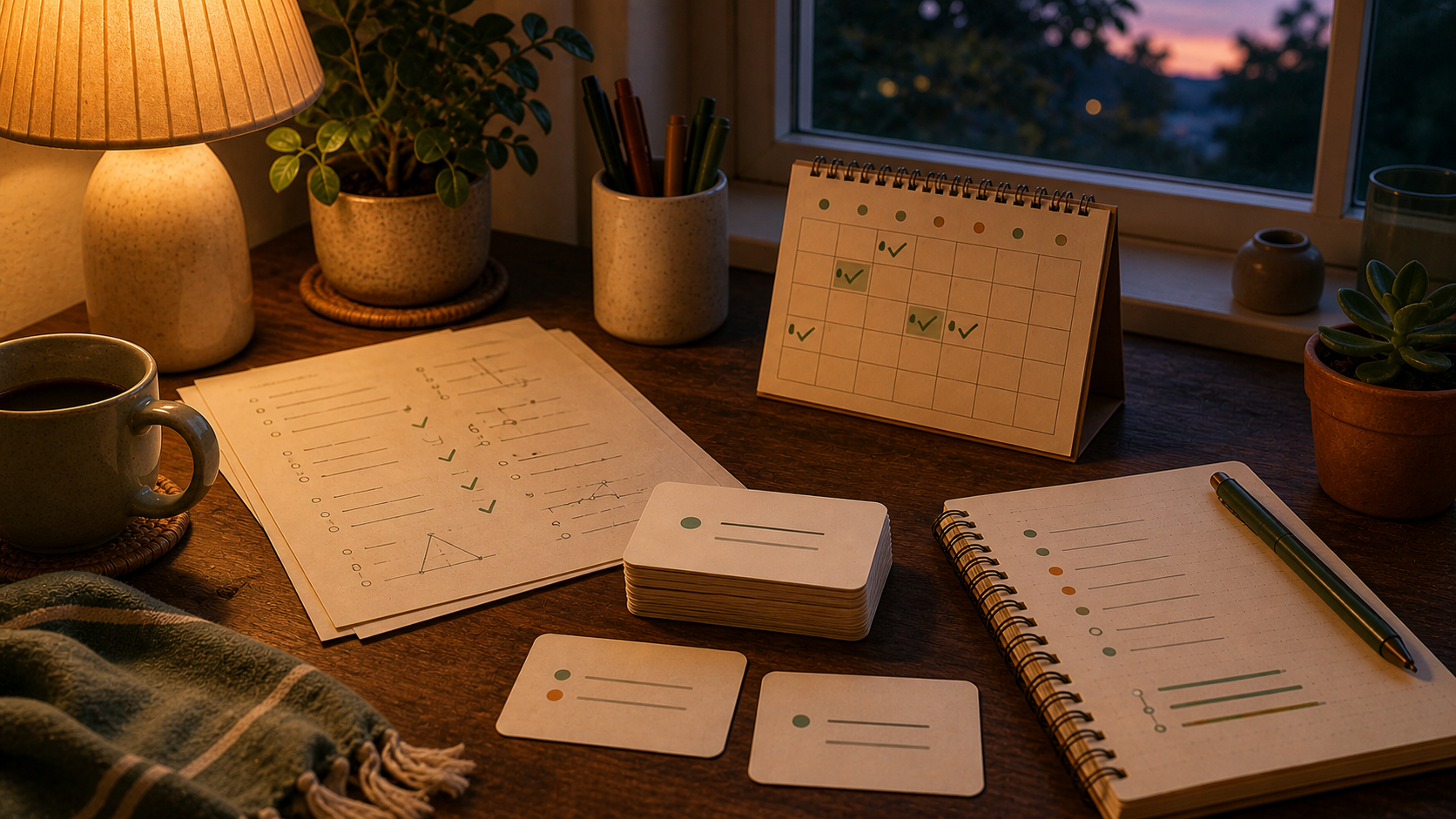 गर्म summer study desk जिसमें छोटी flashcard deck, calendar, notes और lamp light है