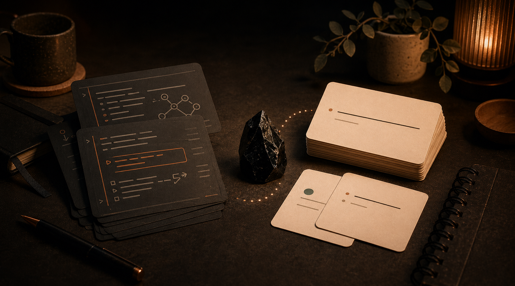 暗い Markdown ノートが黒い結晶を通って、間隔反復の気配を持つフラッシュカードへ変わっていく様子