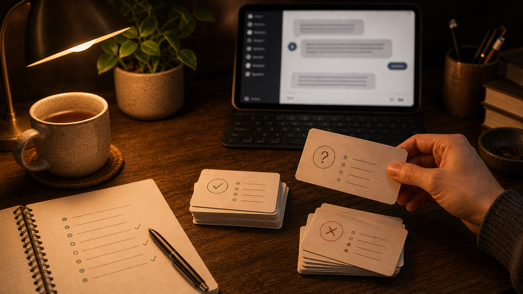 Warm desk scene with Claude tutoring notes sorted into weak-spot flashcards