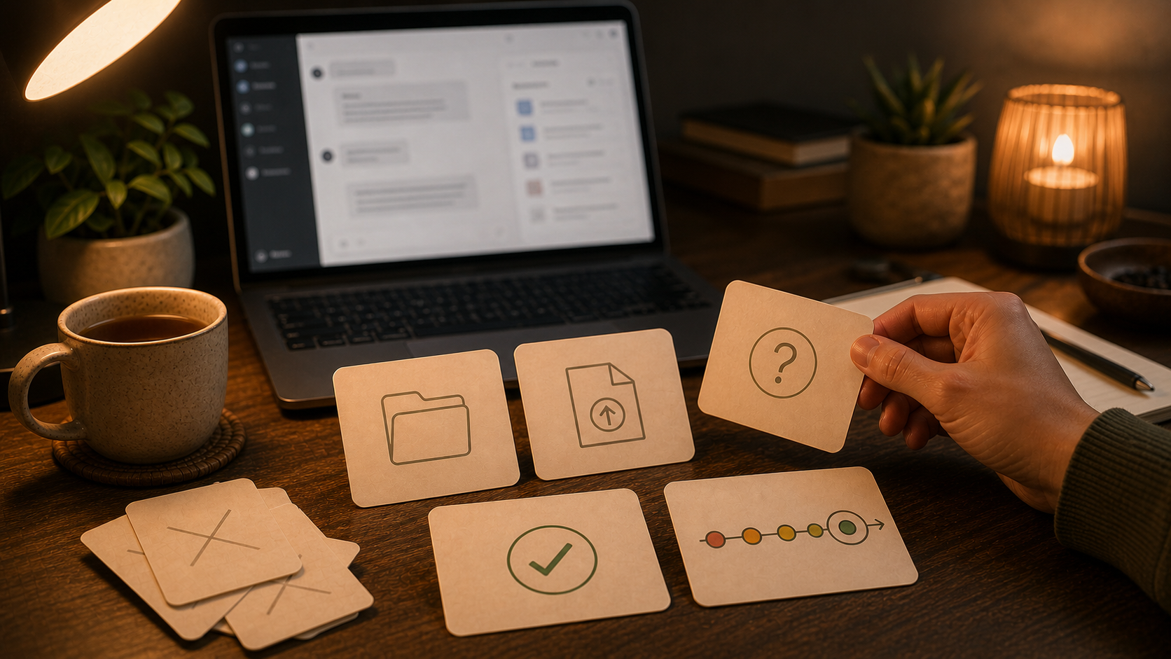 एक गर्म desk scene जिसमें Claude drafts, file upload cards और FSRS review के लिए चुने हुए flashcards रखे हैं
