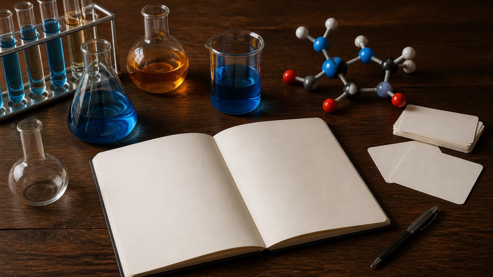 Blank flashcards beside chemistry glassware, a molecular model, and an open notebook