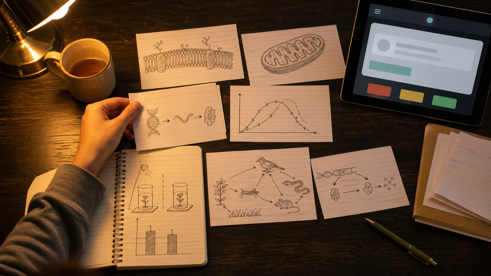 Warmer AP-Biology-Lernschreibtisch mit Flashcards, Zellskizzen, Experimentnotizen und Tablet zur Wiederholung