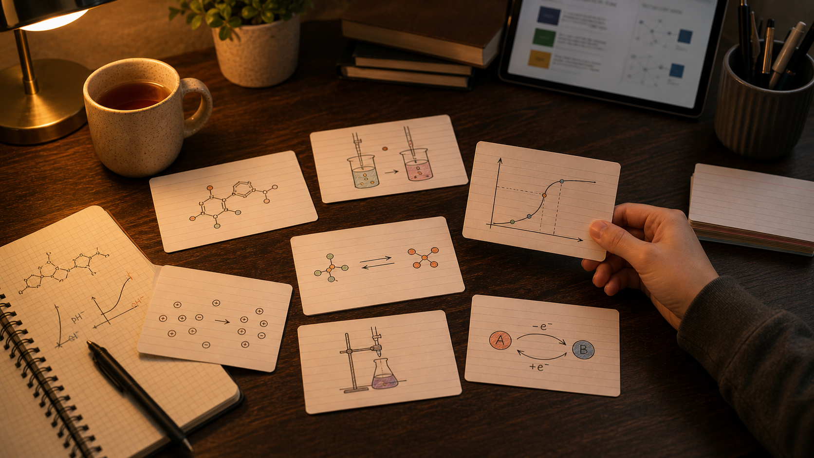 AP Chemistry flashcards study desk with equations, lab notes, and review cards