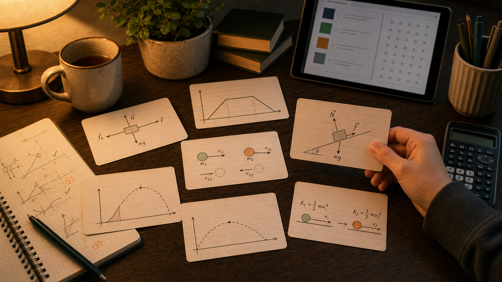 بطاقات AP Physics 1 التعليمية مع مخططات قوى وملاحظات رسوم بيانية وشاشة مراجعة Bluebook وآلة حاسبة على مكتب دراسة دافئ
