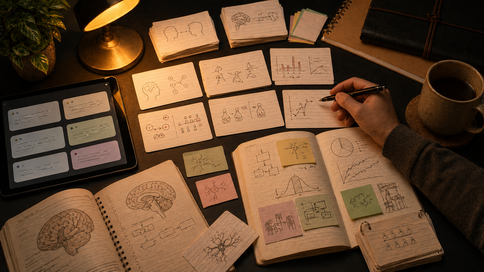 Warmer AP-Psychology-Lernschreibtisch mit Flashcards, Gehirnskizzen, Diagrammen und Tablet zur Wiederholung