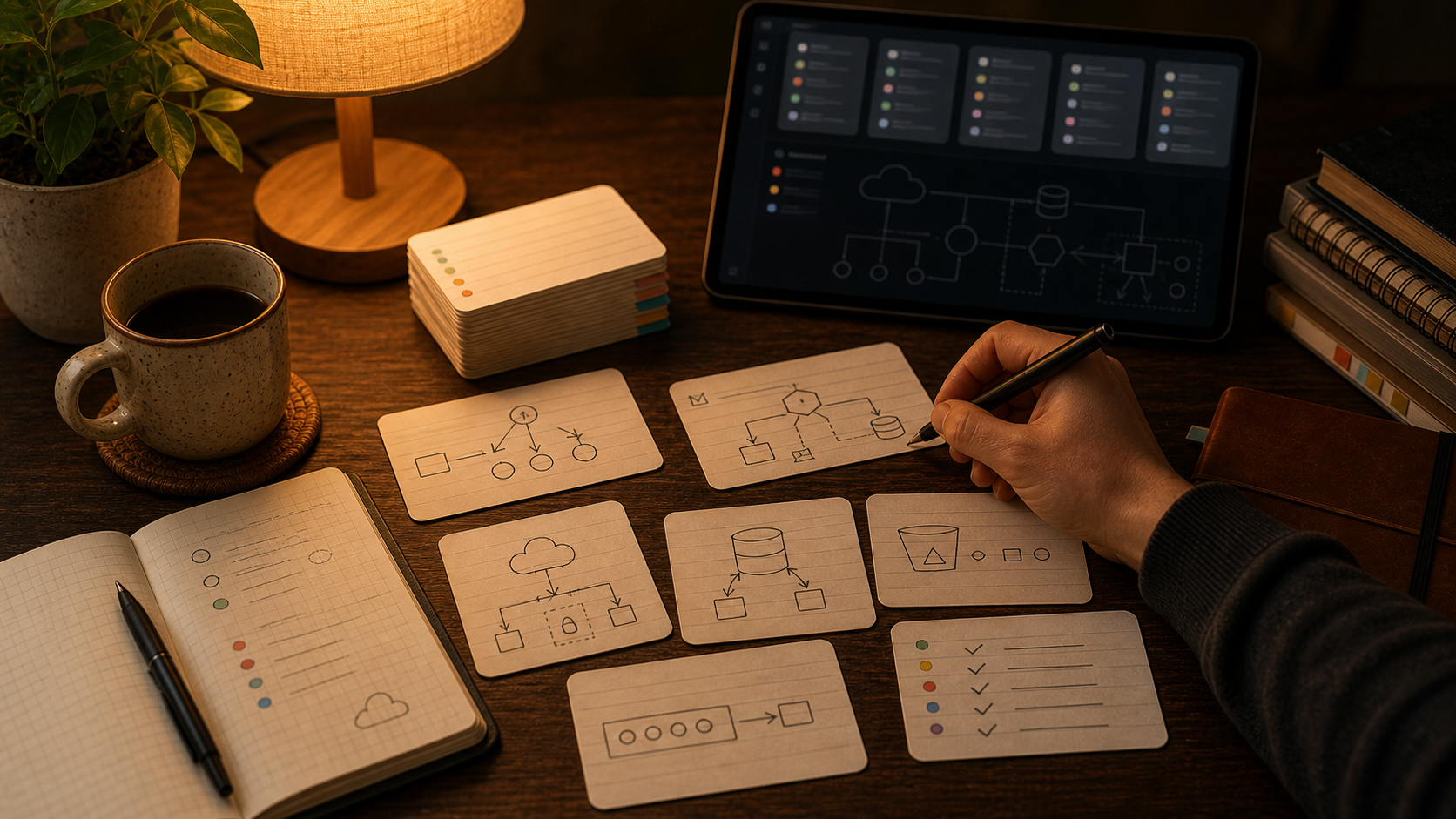Warmer AWS-Architektur-Lerntisch mit SAA-C03-Flashcards, Cloud-Diagrammen und FSRS-Wiederholung auf einem Tablet