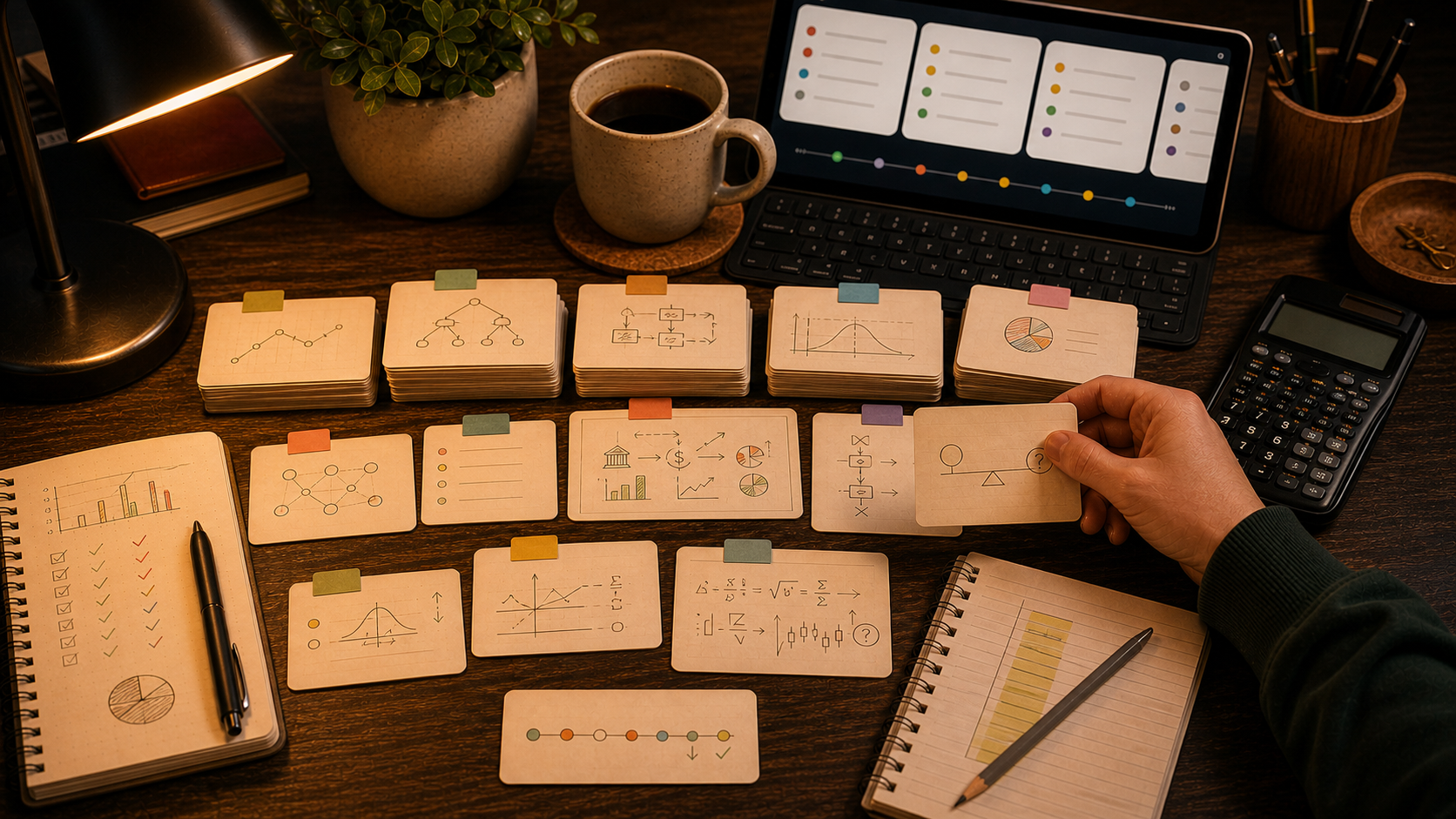 LOSタグ、item set用フラッシュカード、式カード、模試レビューのメモがある、あたたかいCFA Level IIの勉強机