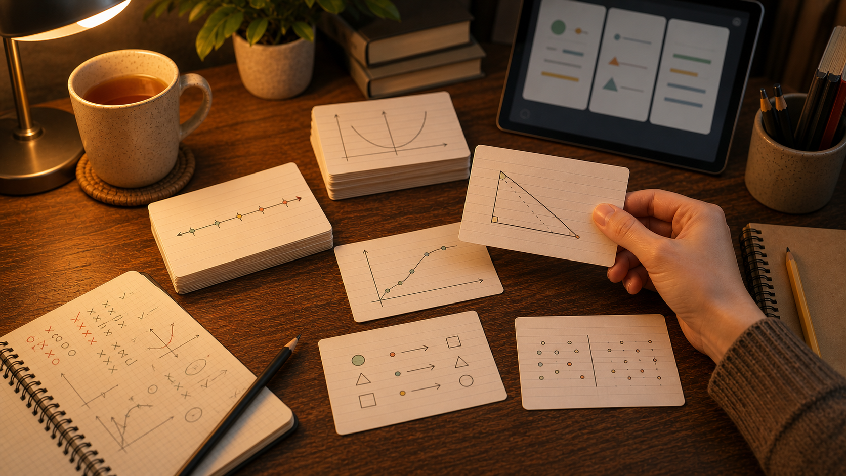Escritorio cálido con flashcards de matemáticas, cuaderno y materiales de estudio