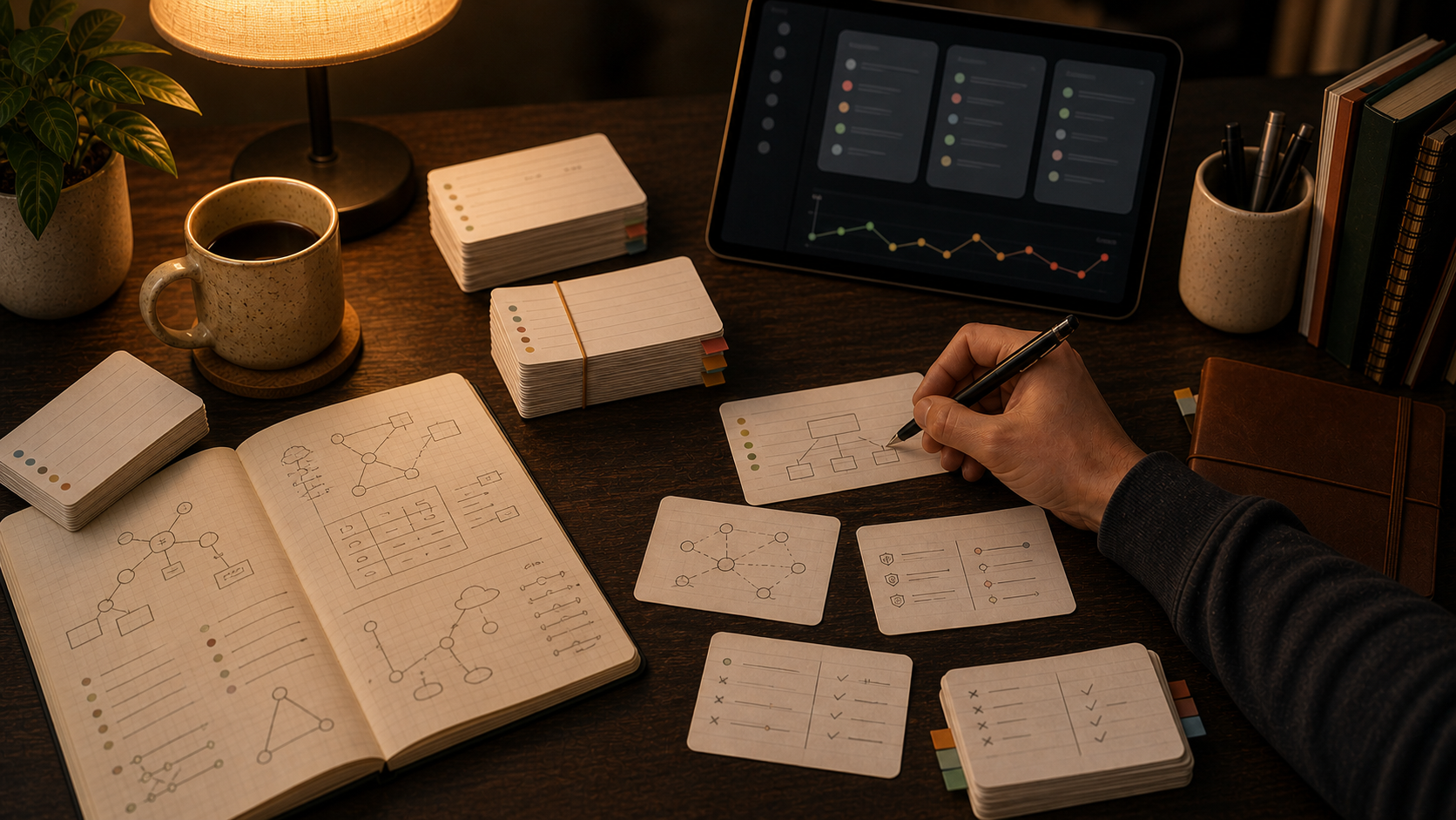 Security+ की पढ़ाई के लिए गरमाहट भरा डेस्क, tagged cards, PBQ-style diagrams और spaced repetition review setup