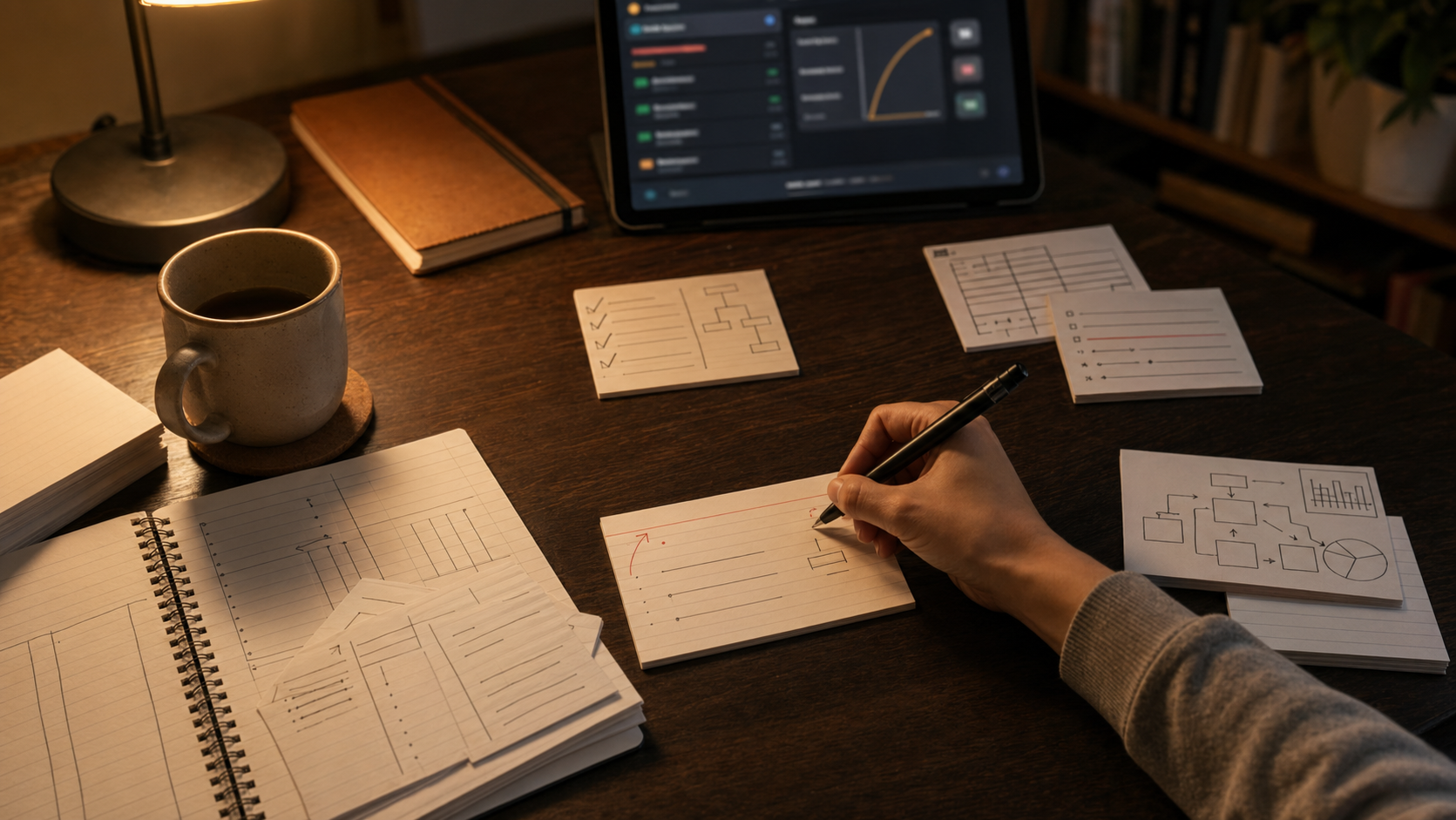 Кандидат на CPA просматривает карточки по FAR, AUD и REG рядом с теплыми учебными заметками и исправлениями task-based simulations