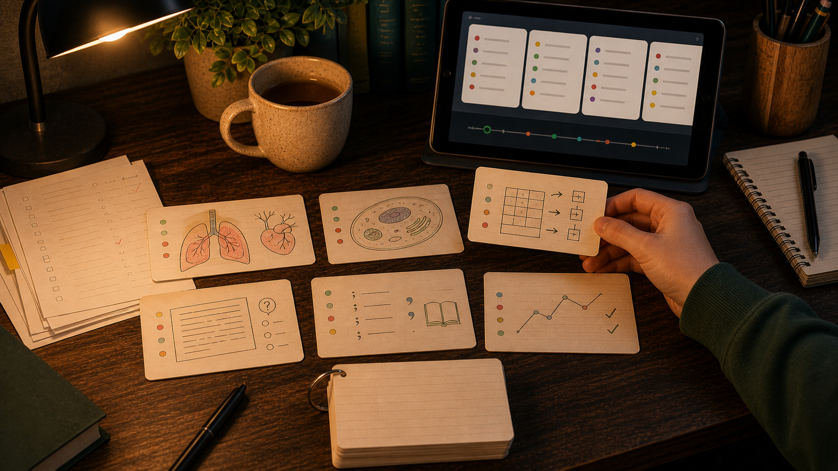 Warmer HESI-A2-Lernschreibtisch mit schulbezogenen Flashcards für Anatomie, Biologie, Mathe, Lesen, Grammatik, Vokabeln und Übungsfehler
