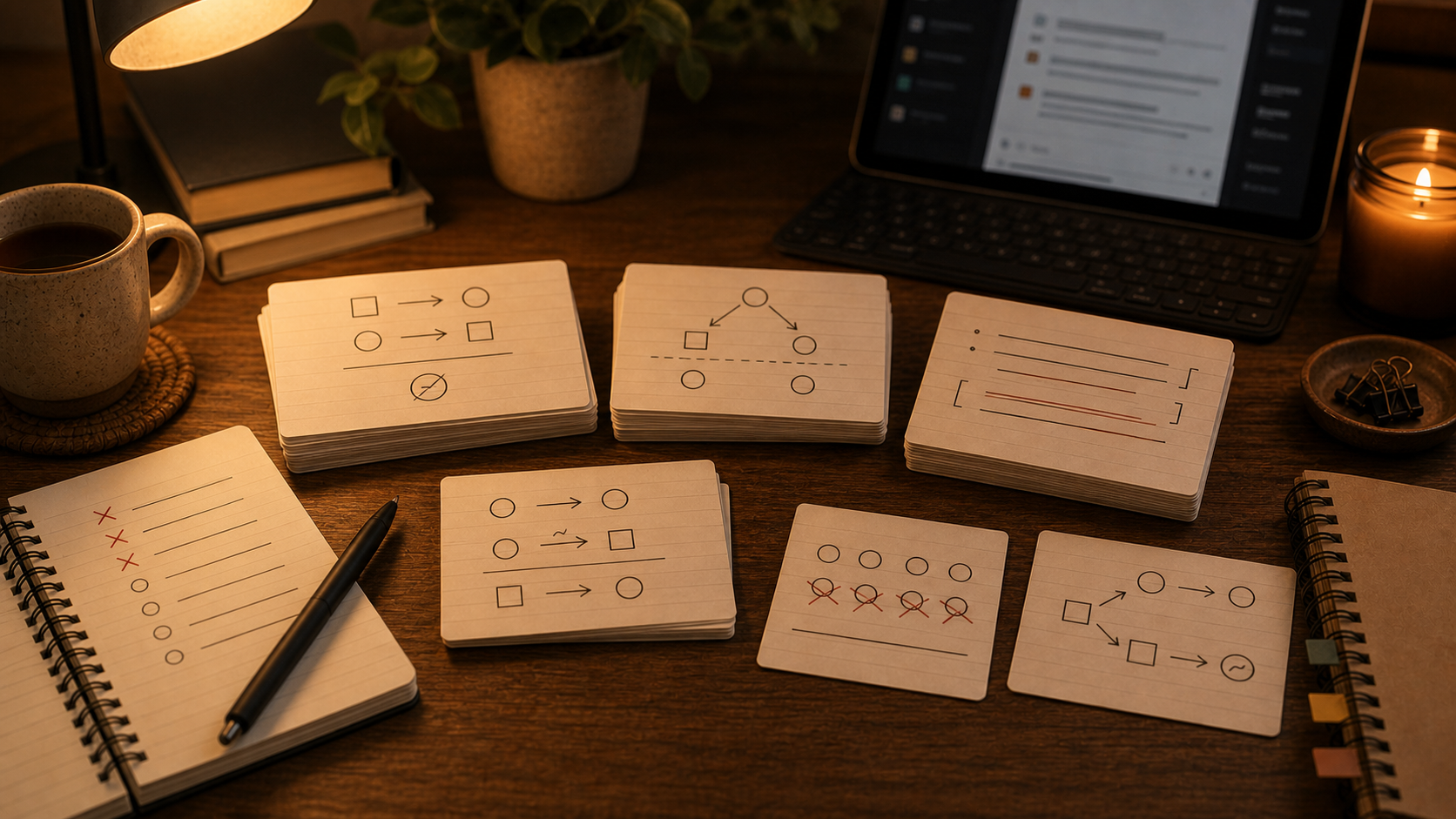LSAT-Flashcards auf einem warmen Schreibtisch