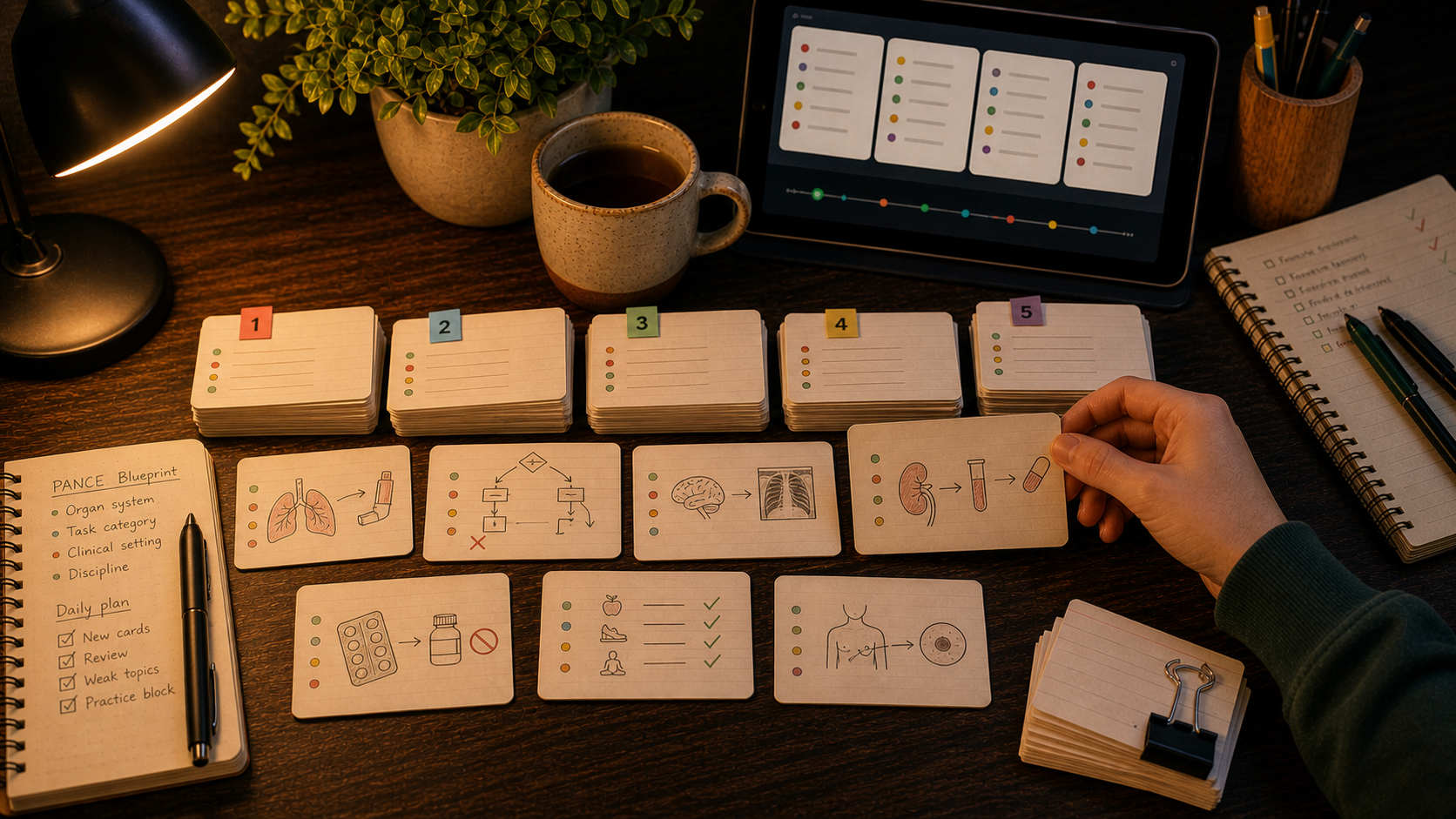 Escritorio cálido de estudio para el PANCE con etiquetas del blueprint, tarjetas de feedback de práctica, pistas de viñetas clínicas y cinco bloques de repaso