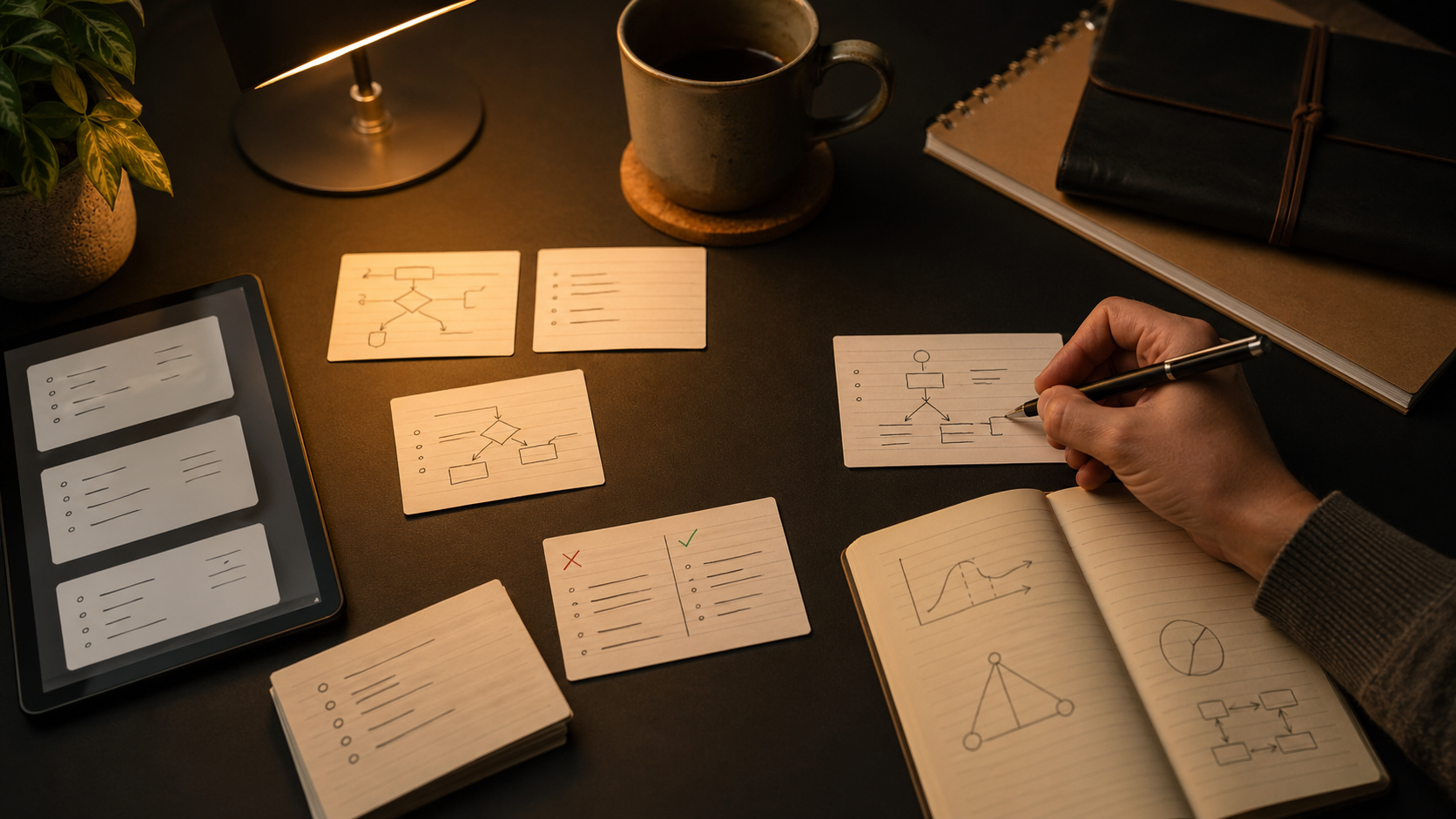 مدير مشروع يراجع بطاقات PMP الظرفية، وبطاقات المعادلات، وملاحظات أخطاء الاختبارات التجريبية على مكتب