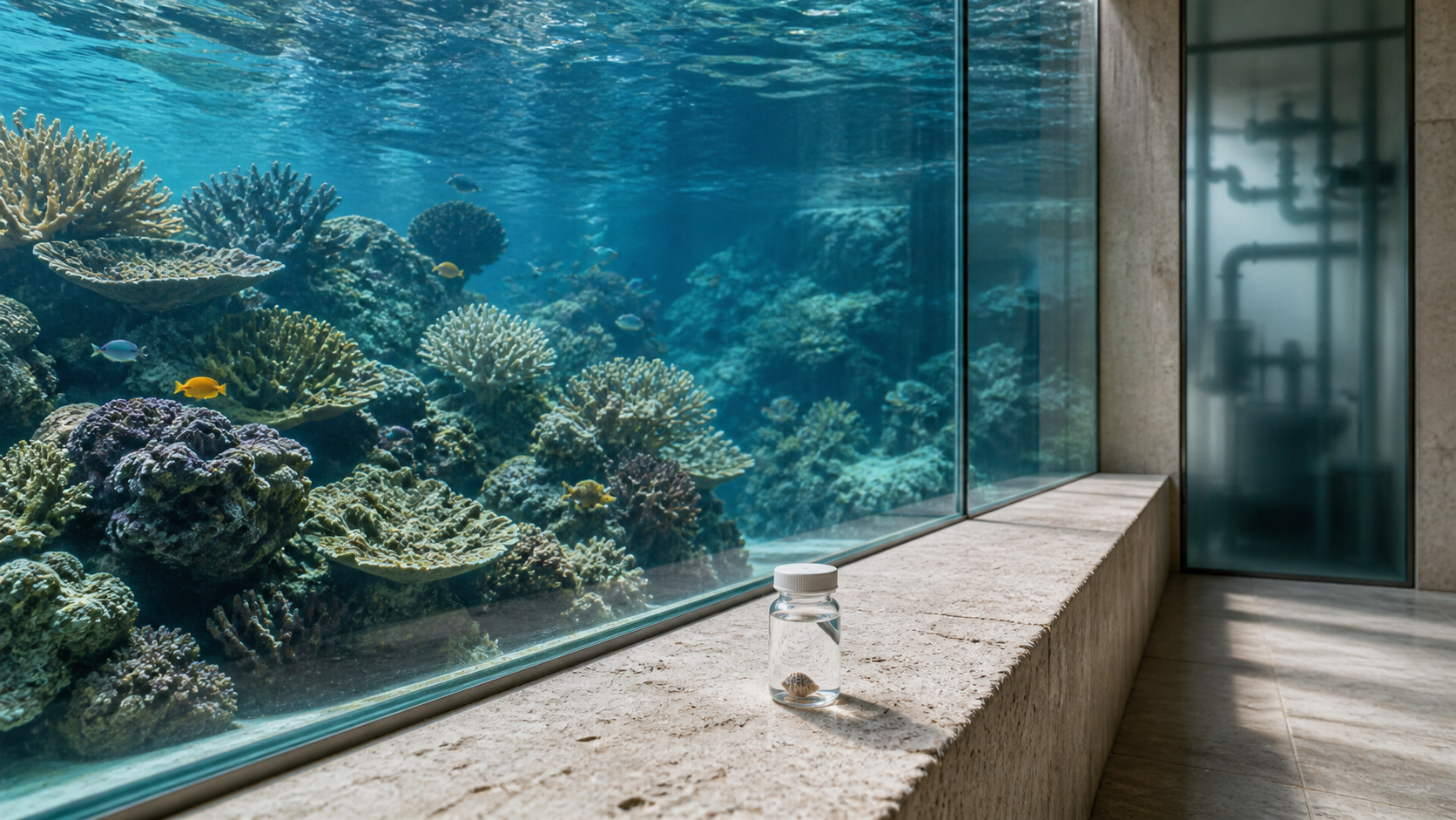 A coral ecosystem visible through aquarium glass, with a small sample vial outside and filtration equipment behind frosted glass