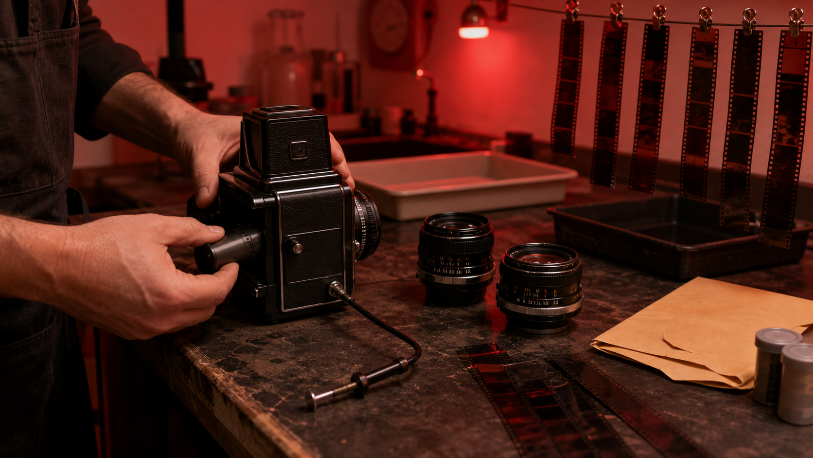 A photographer handles a sealed vintage camera beside interchangeable lenses, negatives, archive envelopes, and a cable release in a darkroom