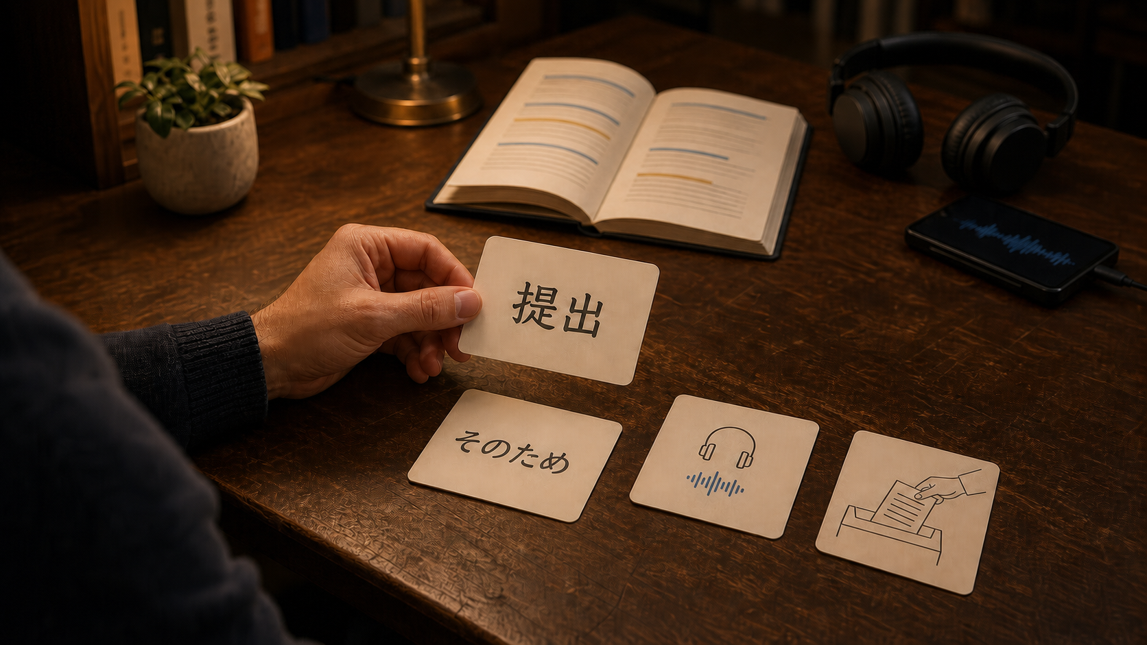 JLPT learner reviewing kanji, grammar, and listening-mistake flashcards for levels N5 through N1