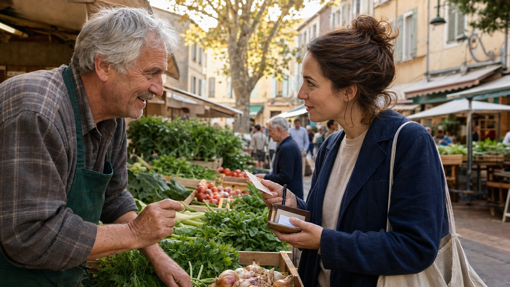 A language learner saves one useful phrase after speaking with a vendor at a neighborhood market