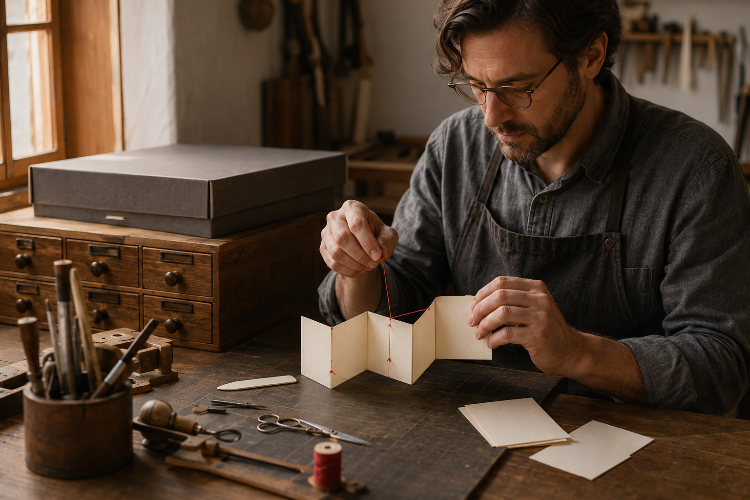 A book conservator tests a small accordion of linked cards while the original archive stays safely boxed