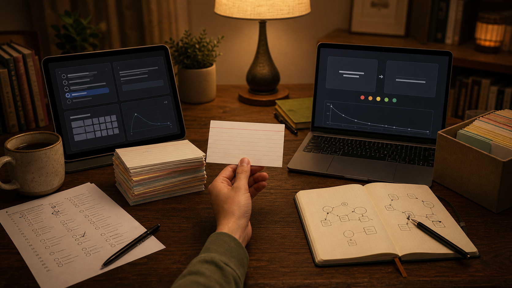 Flujos de estudio de Quizlet y Flashcards de código abierto, lado a lado sobre un escritorio cálido
