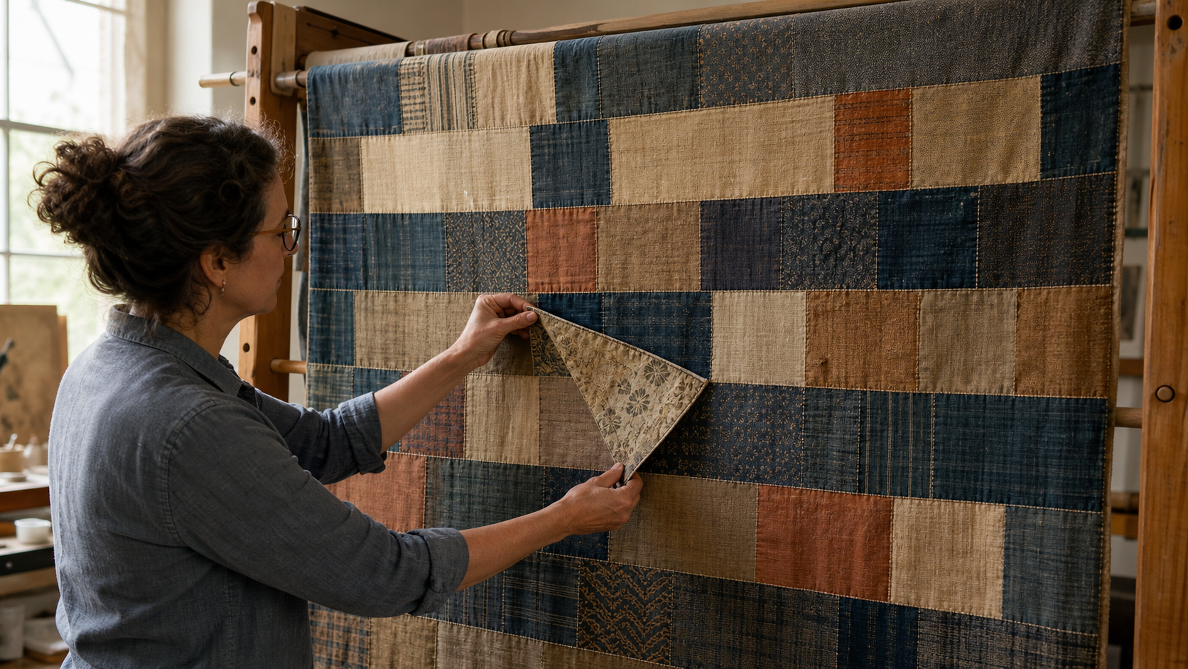 Textile conservator lifting one reversible patch in a quilt arranged into eight memory groups