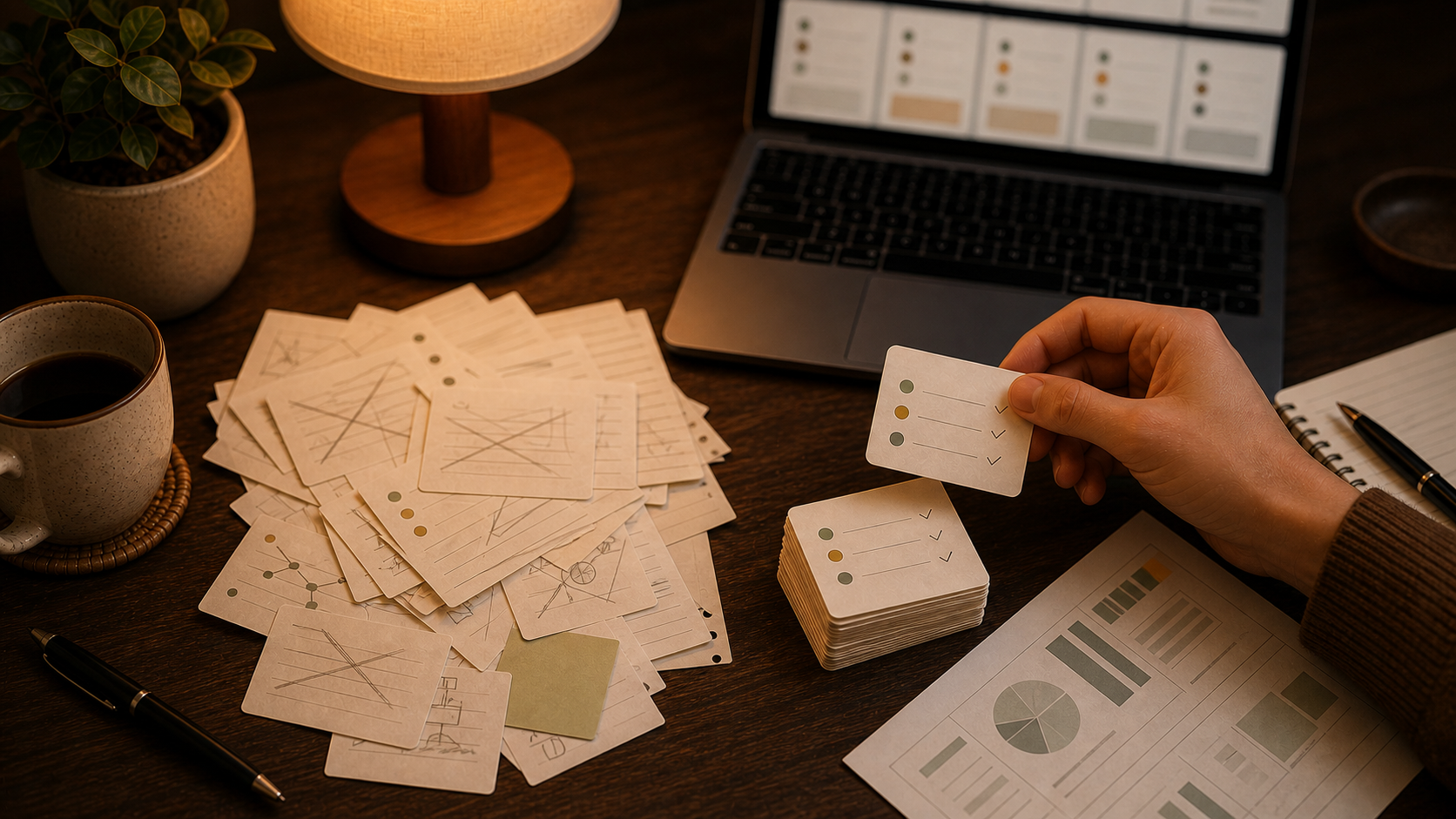 Warmer Schreibtisch mit Flashcard-Entwürfen, die zu einem kleinen wiederholungswürdigen Stapel gefiltert werden
