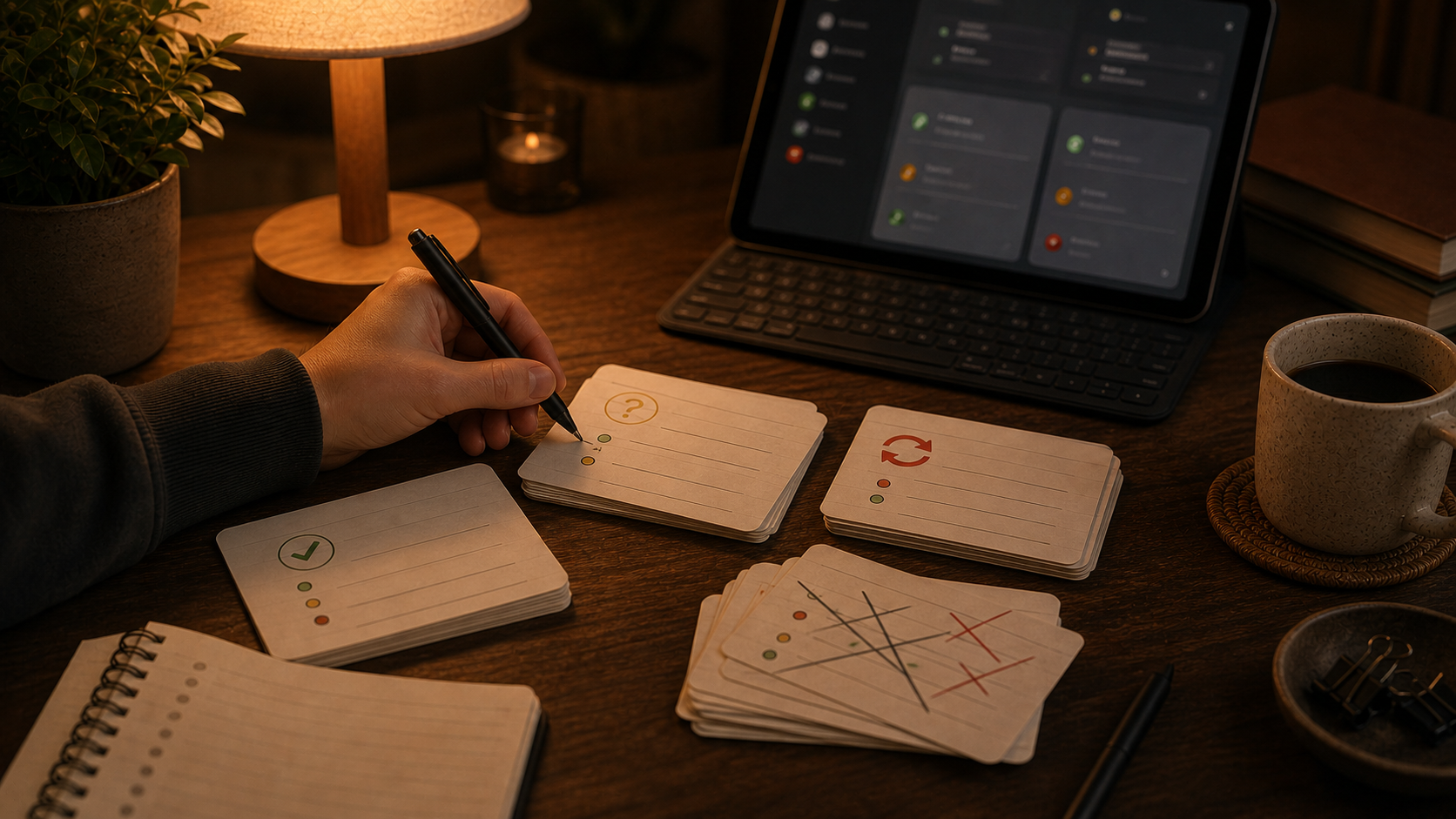 Warmer Schreibtisch mit sortierten Flashcards zur Diagnose, warum Wiederholungen nicht greifen