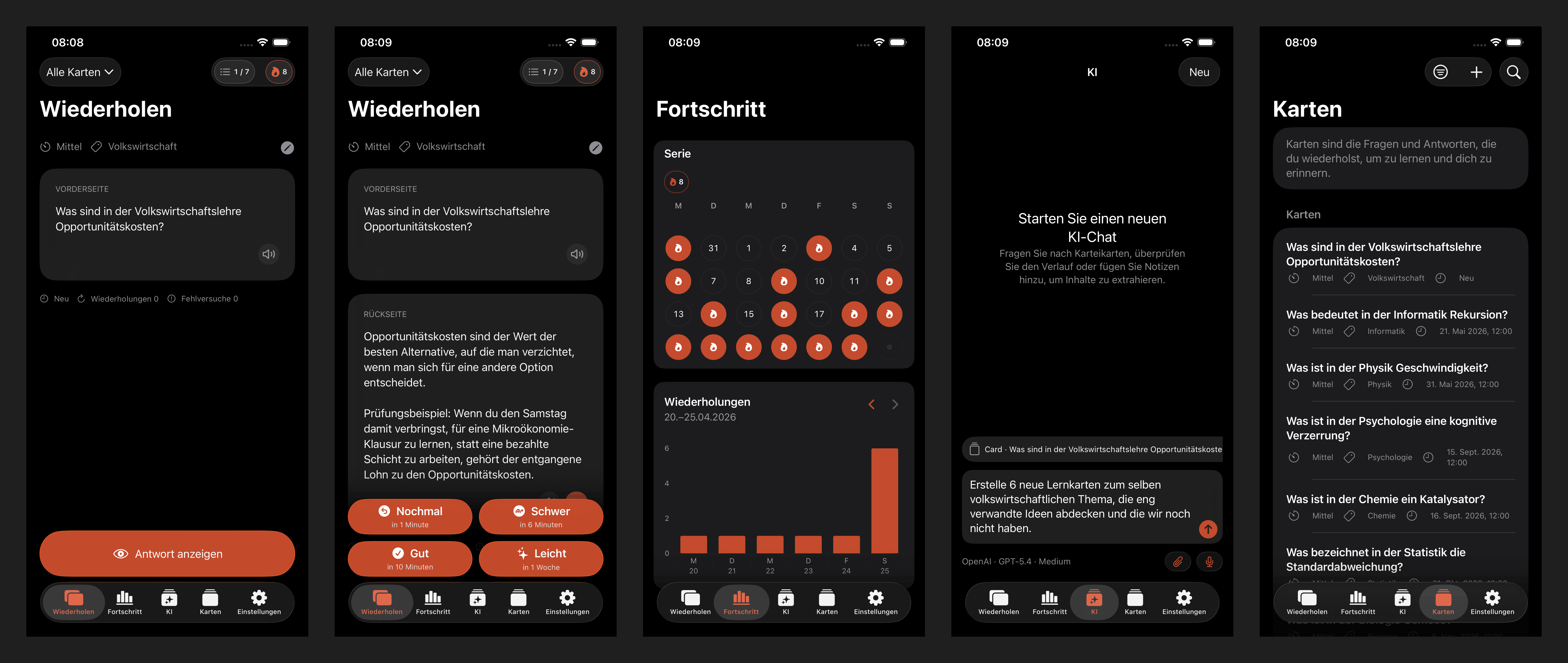 Mobile Ansichten der Flashcards Open Source App für Wiederholungen, Fortschritt, KI-Chat und Karten